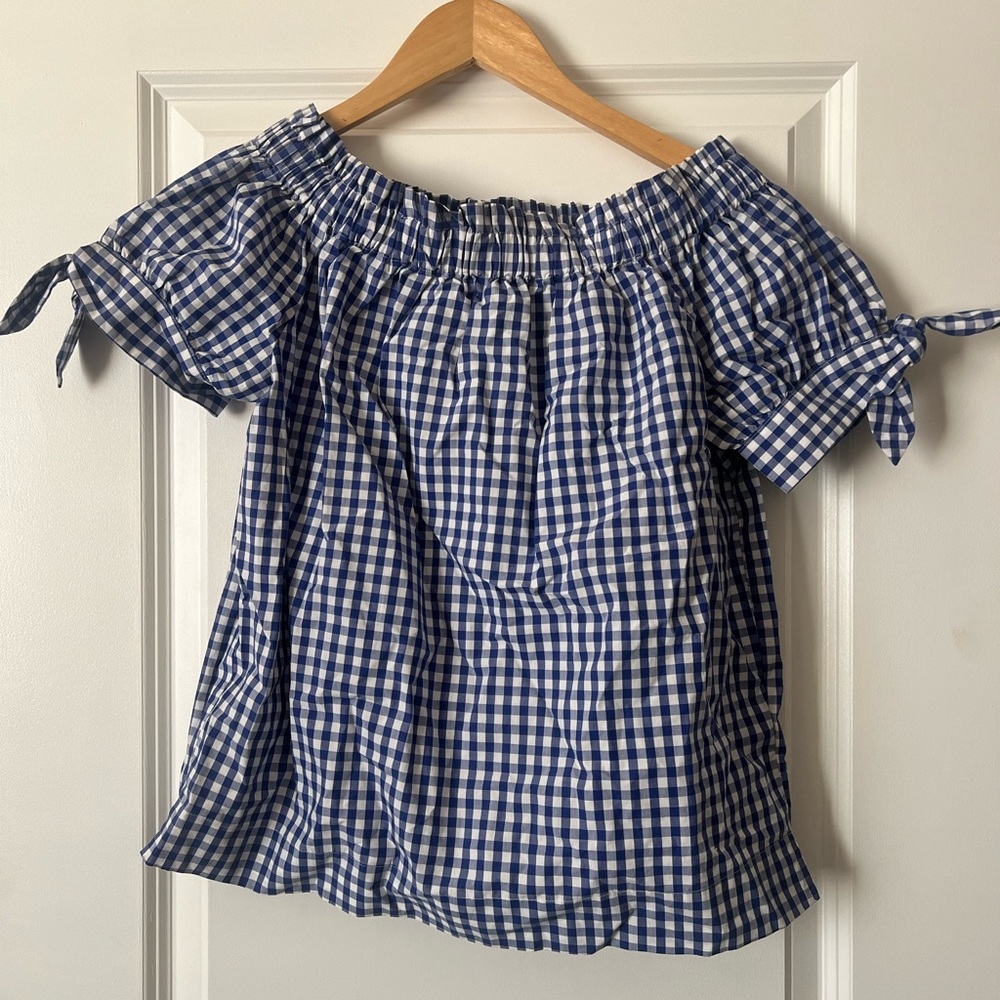 J. Crew Blue Gingham Plaid Off the Shoulder Top 0 XS